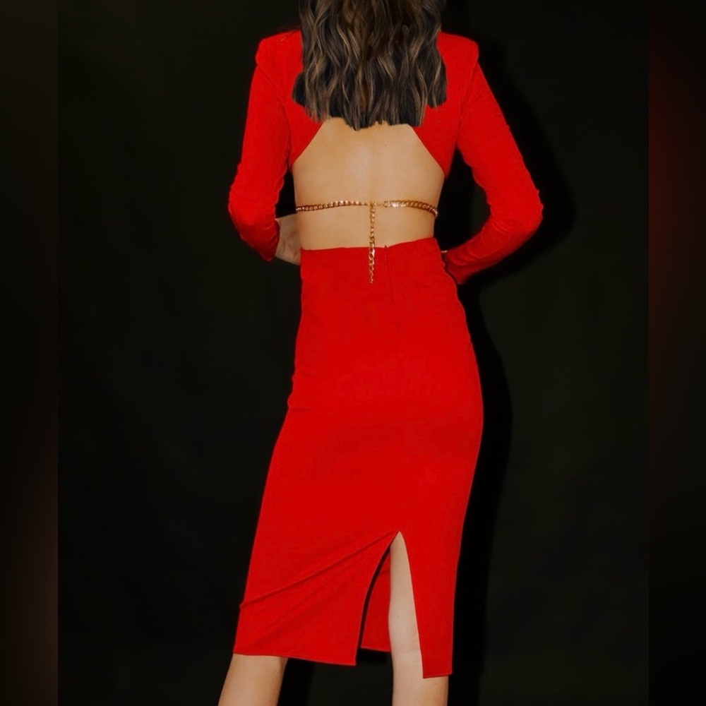 *NEW* Elegant Red Cut-Out Midi Dress w/ gold chain belt.